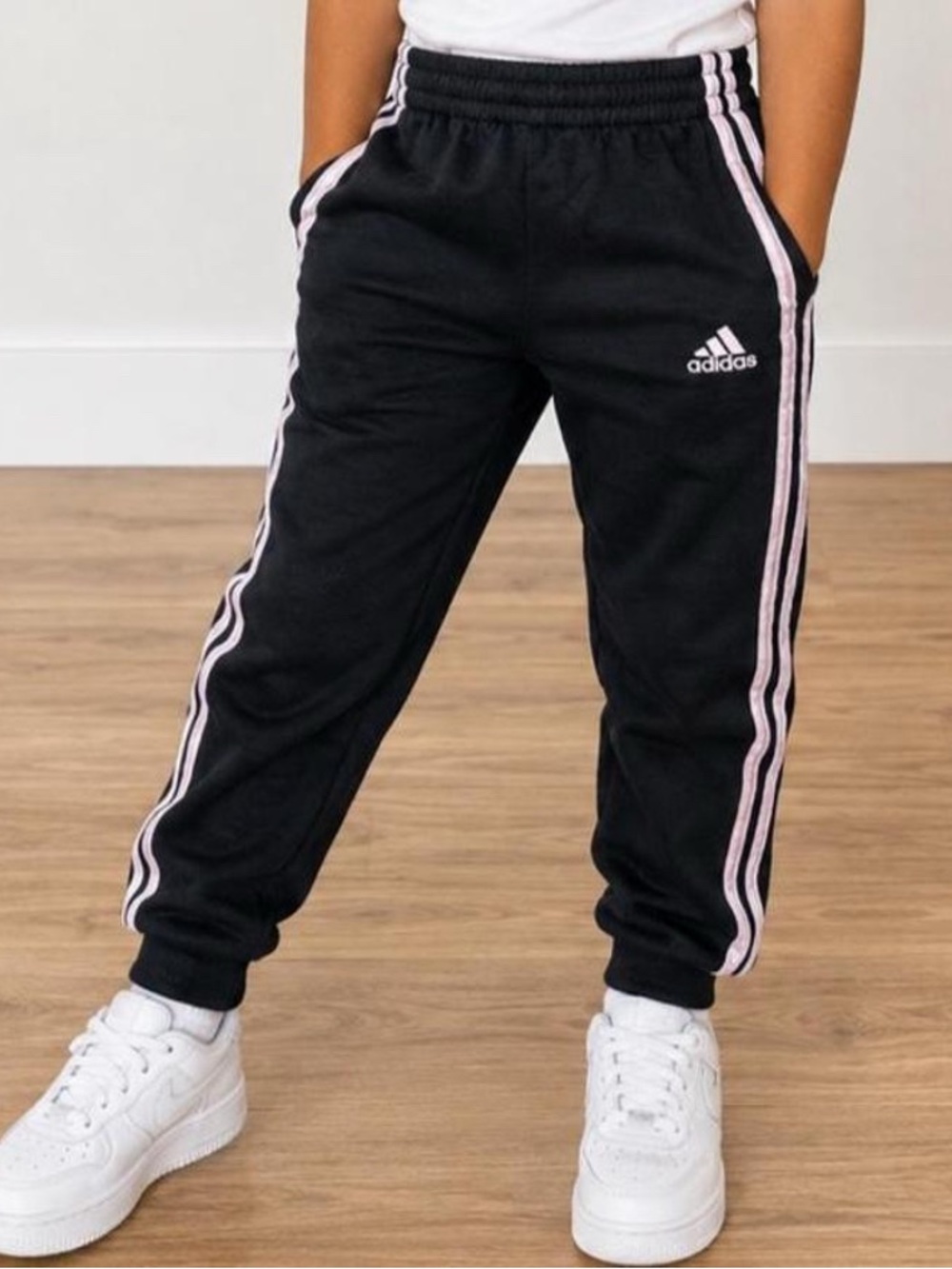 Adidas Kids Black Track Pants with Pink Stripes size 6